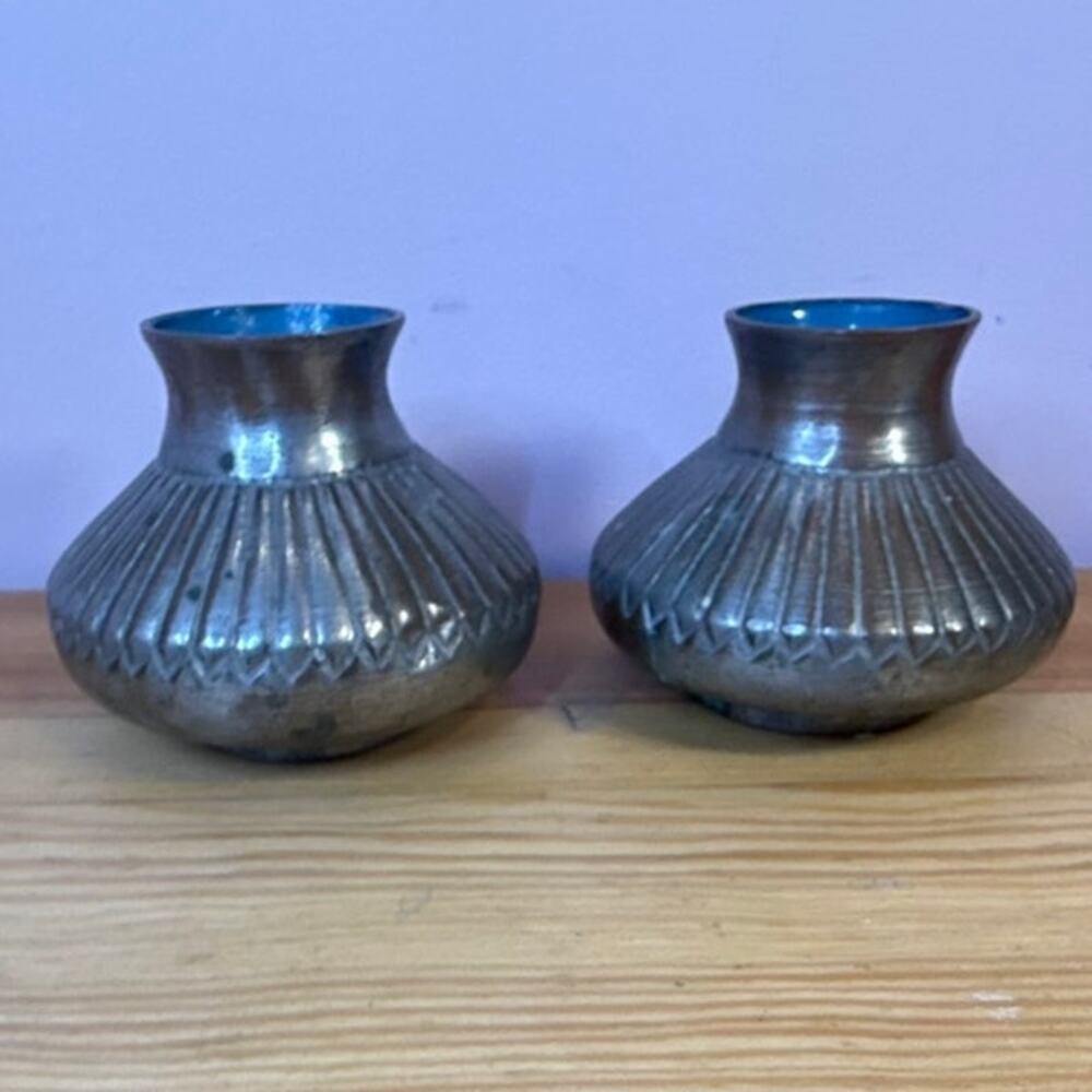 Vintage Pair Small Ribbed Metal Bud Vases Blue Enamel Interior China